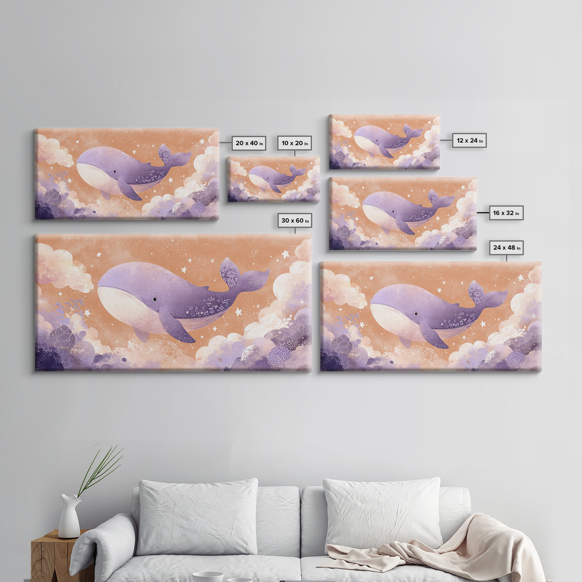 Baby Whale Swimming Through Stars Canvas Print, Nursery Decor, Nursery Prints, Fine Art, Nursery, Nursery Wall Decal, NDE-2x1-76