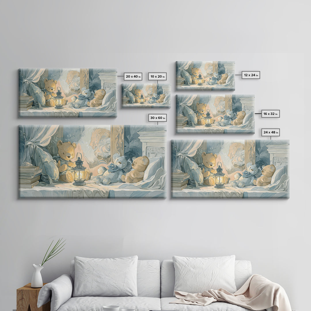Storybook Bear with Little Lantern Canvas Print, Nursery Decor, Wall, Oil Painting, Nursery, Nursery Wall Decals, NDE-2x1-77