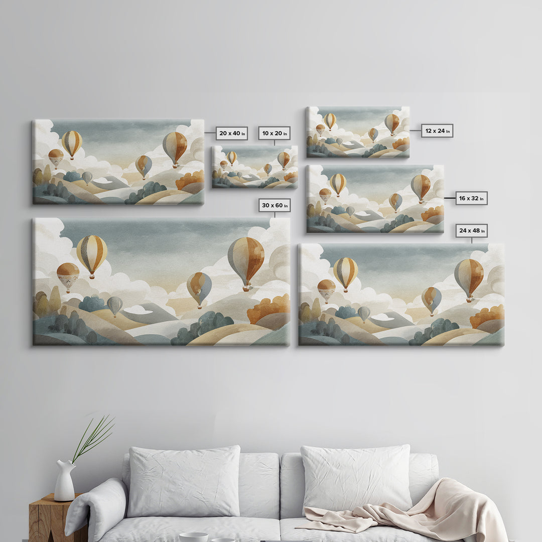 Hot Air Balloon Drifting Framed Canvas Print, Nursery Decor, Playroom Decor, Nursery, Boy Nursery Decor, Gallery Decor, NDE-2x1-80
