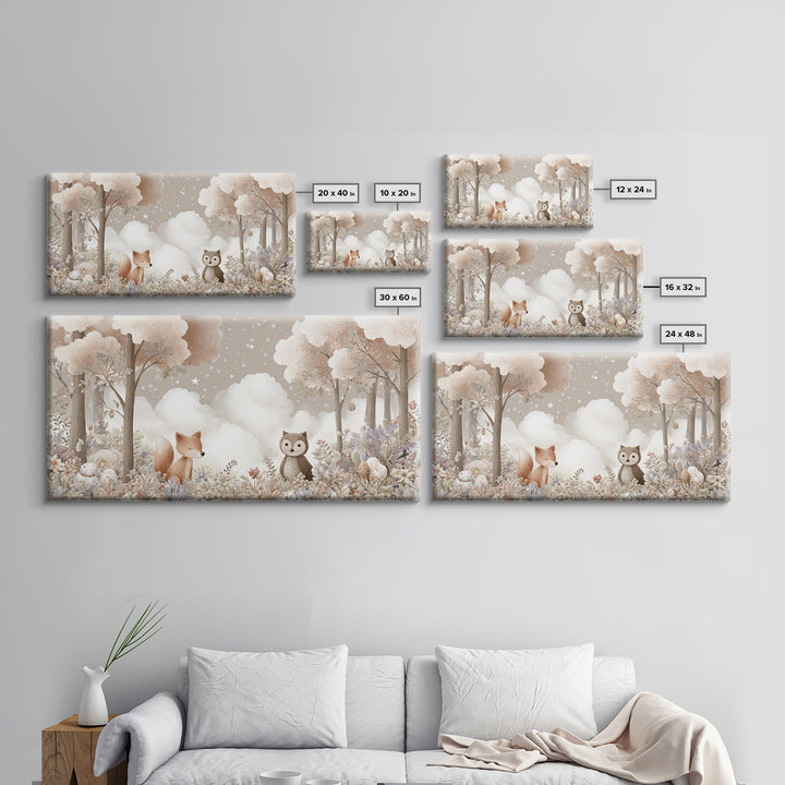 Fox and Owl Friends Canvas Print, Nursery Decor, Canvas, Fine Art, Nursery, Playroom Decor, Floral Wall Art, Botanical Wall Art, NDE-2x1-82