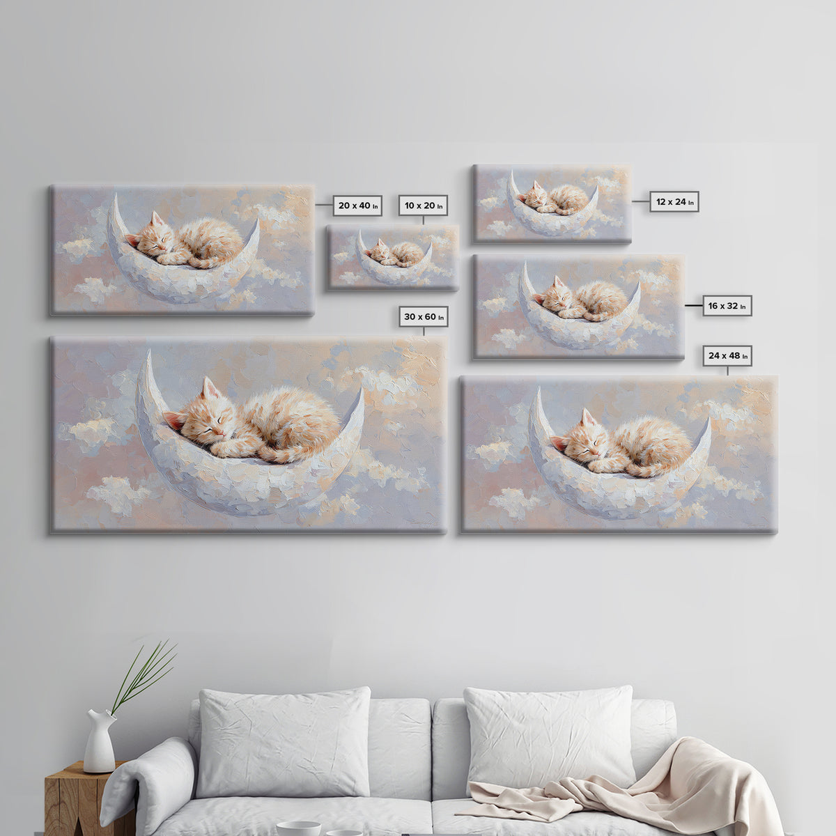 Sleeping Kitten on Crescent Moon Framed Canvas Print, Nursery Decor, Nursery Prints, Fine Art, Nursery, Nursery Wall Decal, NDE-2x1-85