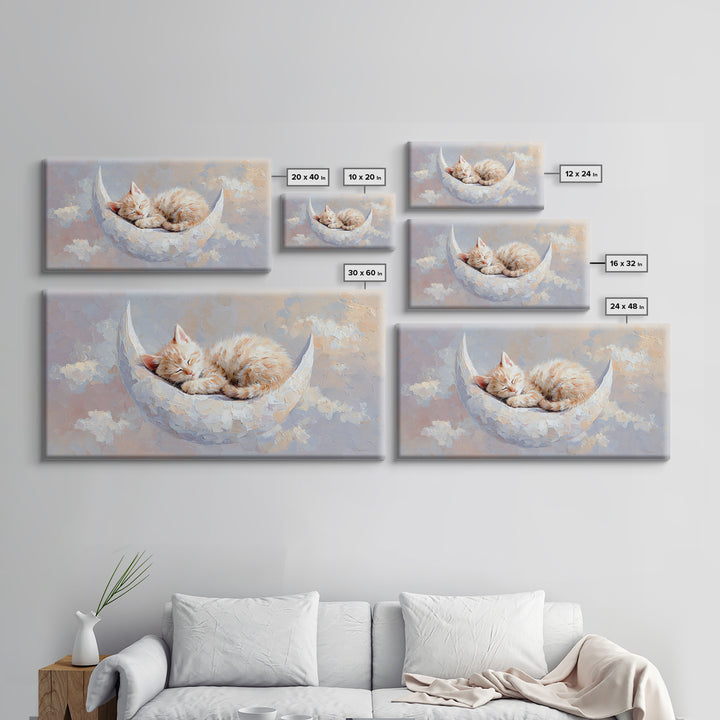 Sleeping Kitten on Crescent Moon Framed Canvas Print, Nursery Decor, Nursery Prints, Fine Art, Nursery, Nursery Wall Decal, NDE-2x1-85