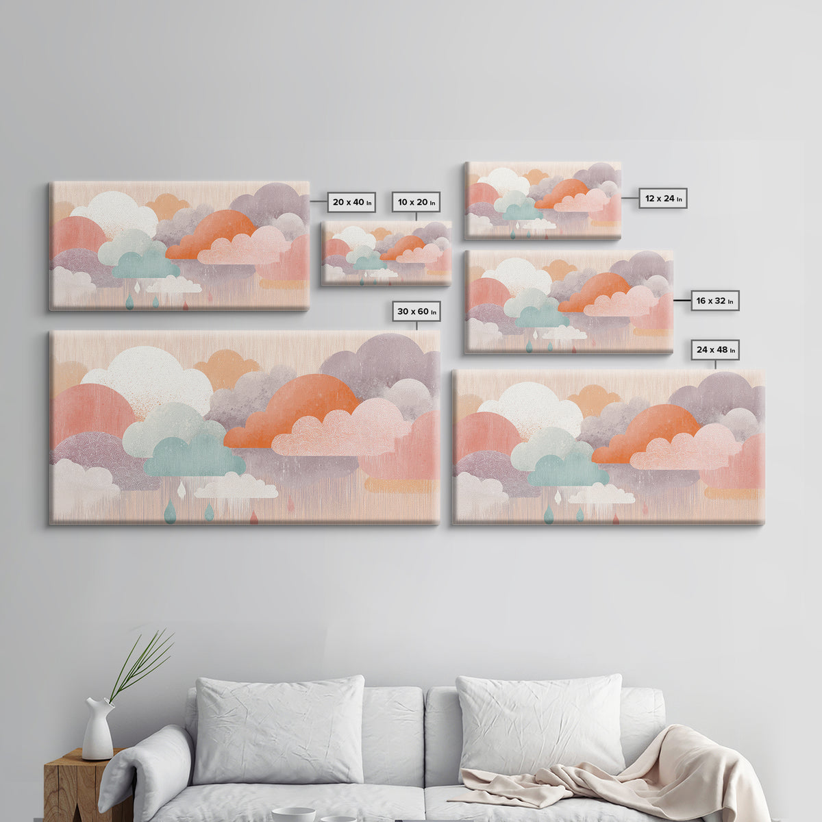 Cloud Rainbow and Raindrop Composition Framed Canvas Print, Nursery Decor, Nursery Art, Fine Art, Nursery, Kids Wall Art, NDE-2x1-88