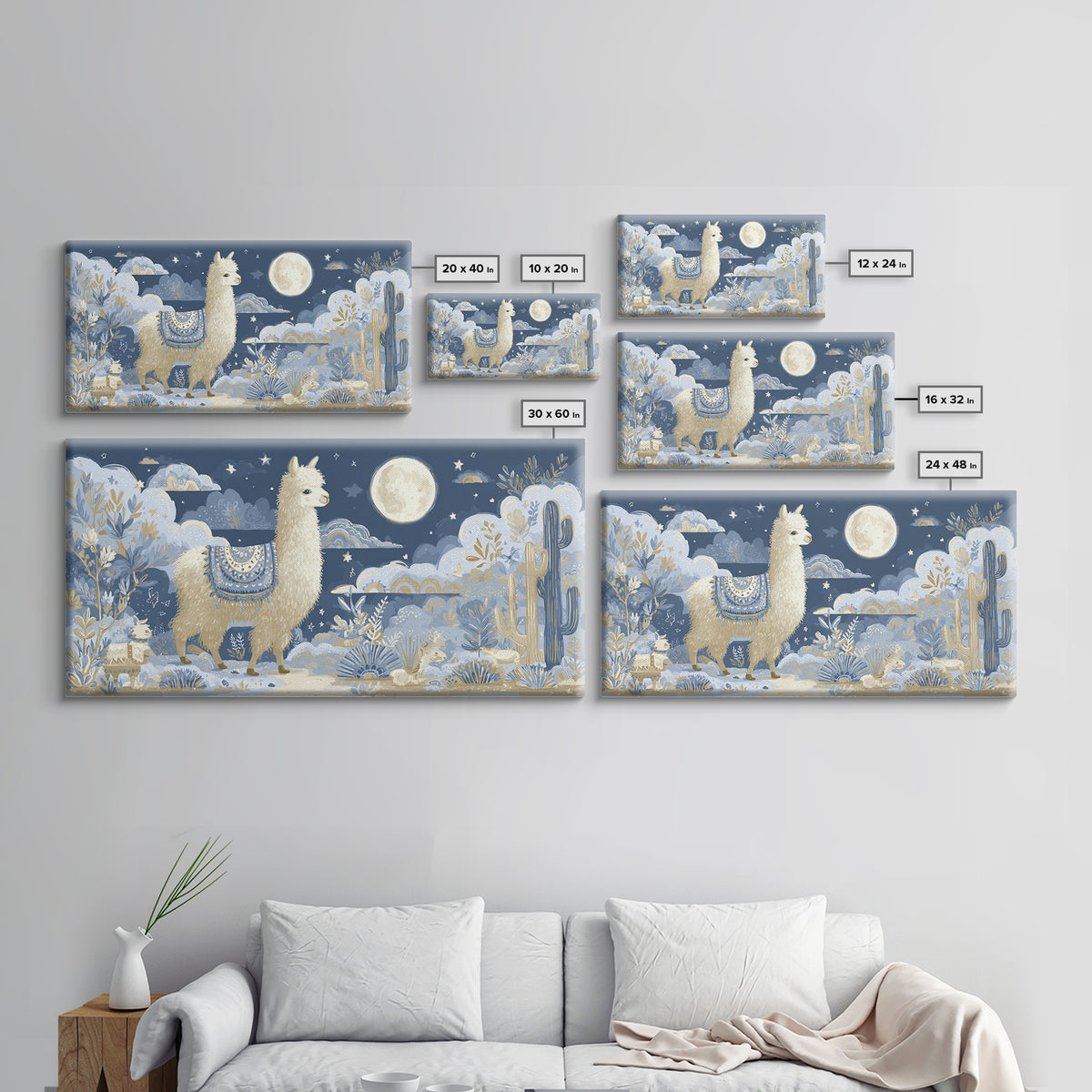 Cute Llama with Blanket Pattern Canvas Print, Nursery Decor, Playroom Decor, Nursery, Boy Nursery Decor, Gallery Decor, NDE-2x1-89