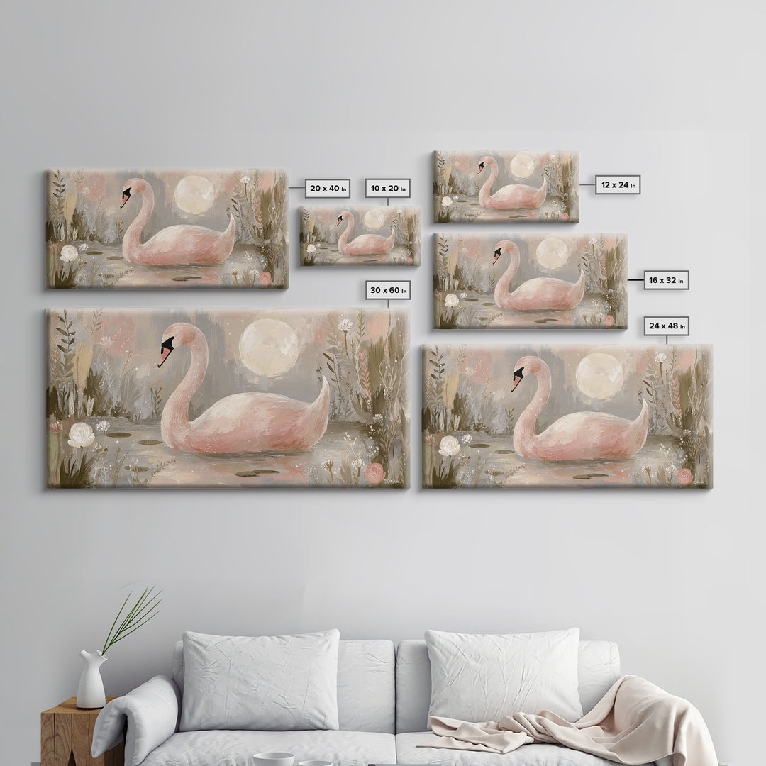 Pink Swan on Calm Pond Framed Canvas Print, Nursery Decor, Printable Wall Art, Nursery, Nursery Prints, Playroom Decor, NDE-2x1-9