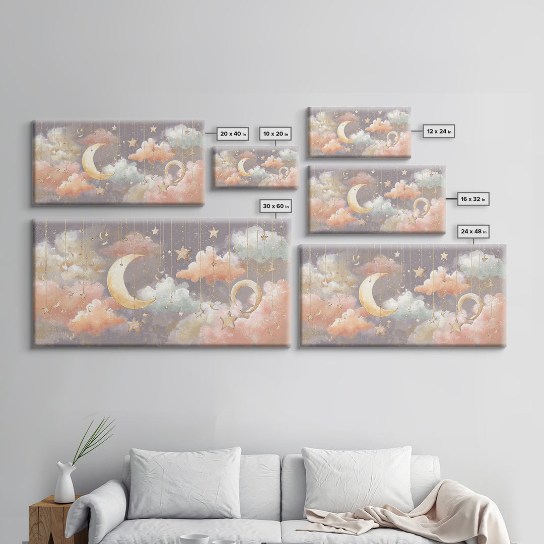 Moon Phase Mobile Framed Canvas Print, Nursery Decor, Neutral Decor, Fine Art, Nursery, Home Decor, Wall Decor, Art Print, NDE-2x1-95