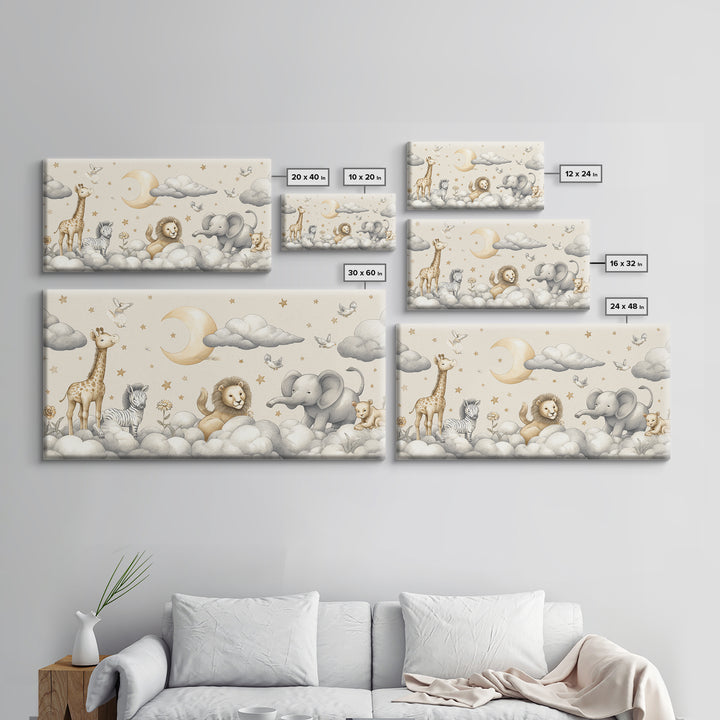 Cute Safari Animals Framed Canvas Print, Nursery Decor, Floral Wallpaper, Oil Painting, Nursery, Fine Art Print, NDE-2x1-96