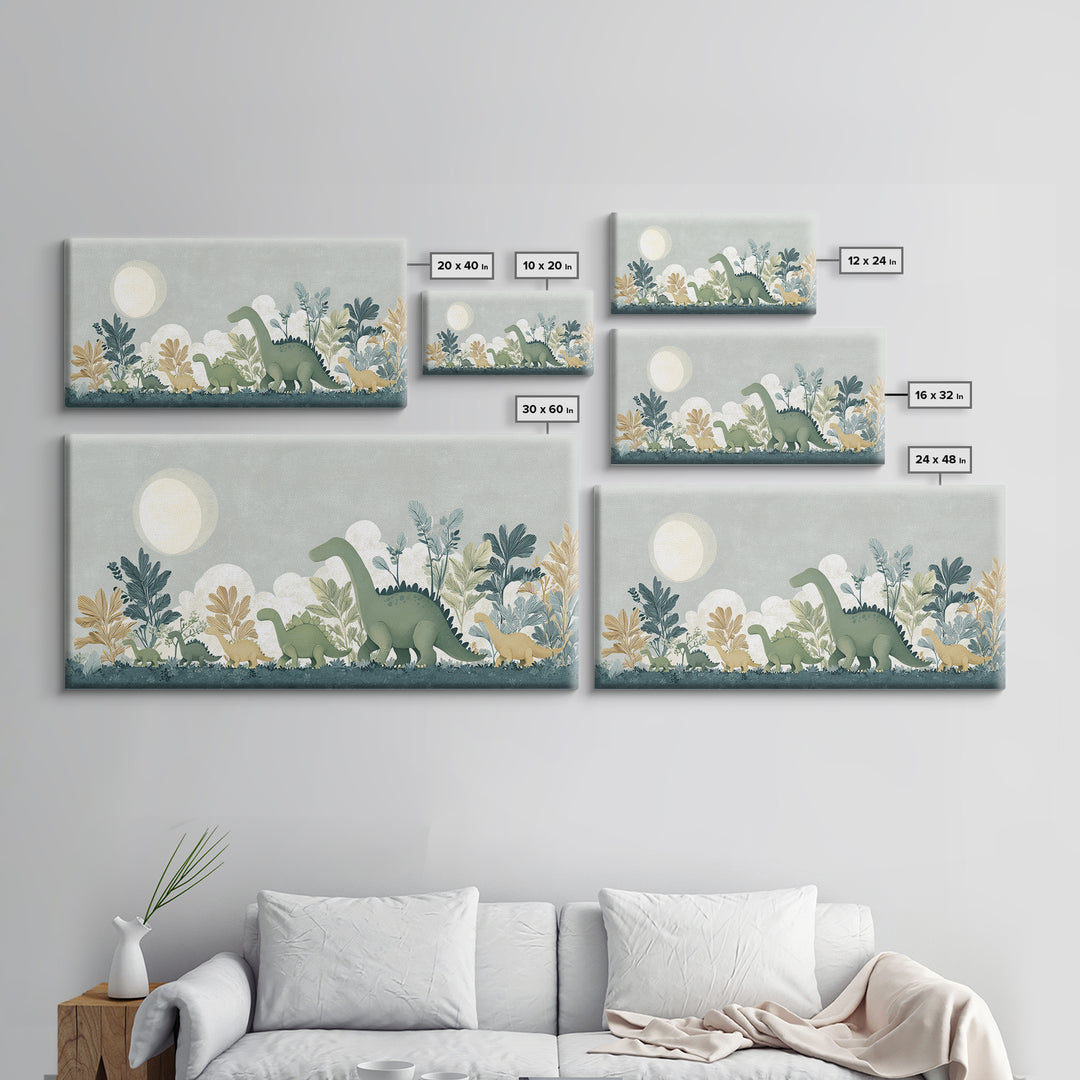 Gentle Dinosaur Family Framed Canvas Print, Nursery Decor, Floral Wall Art, Fine Art, Nursery, Gallery Decor, Neutral Decor, NDE-2x1-99
