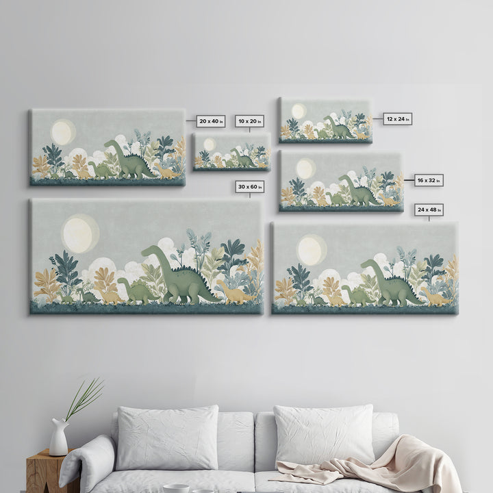 Gentle Dinosaur Family Framed Canvas Print, Nursery Decor, Floral Wall Art, Fine Art, Nursery, Gallery Decor, Neutral Decor, NDE-2x1-99