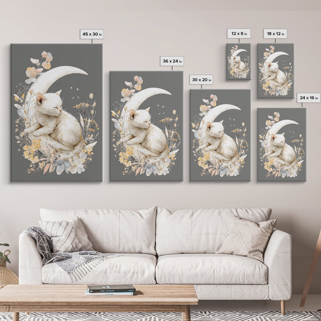 Sleeping Kitten on Crescent Moon Canvas Print, Nursery Decor, Nursery Art, Nursery, Kids Wall Art, Nursery Wall Decals, NDE-2x3-49