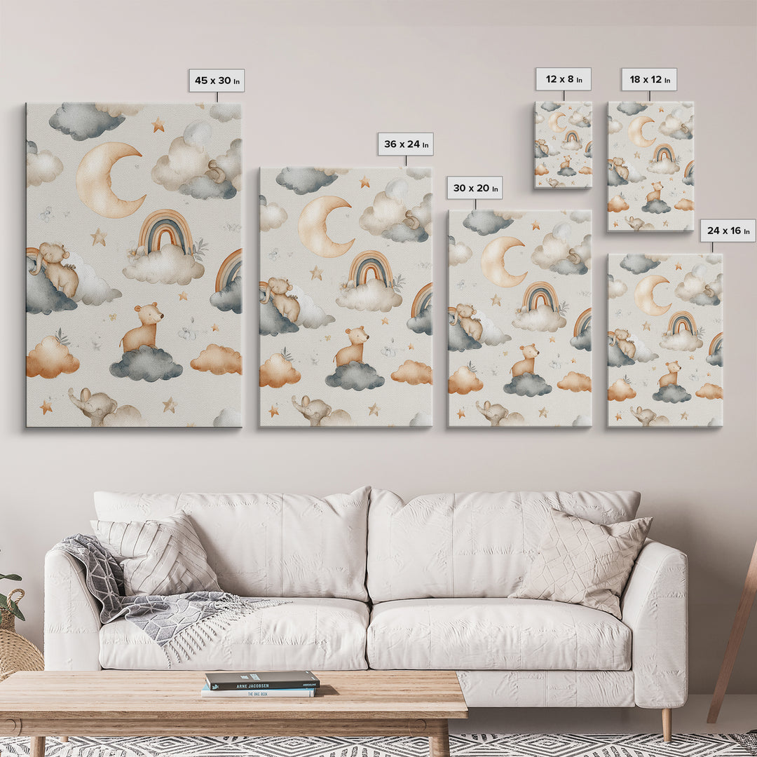 Cloud Rainbow and Raindrop Composition Framed Canvas Print, Nursery Decor, Wall Decor, Nursery, Woodland Nursery Decor, NDE-2x3-52