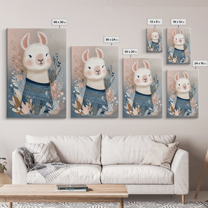 Cute Llama with Blanket Pattern Framed Canvas Print, Nursery Decor, Wall, Oil Painting, Nursery, Nursery Wall Decals, NDE-2x3-53