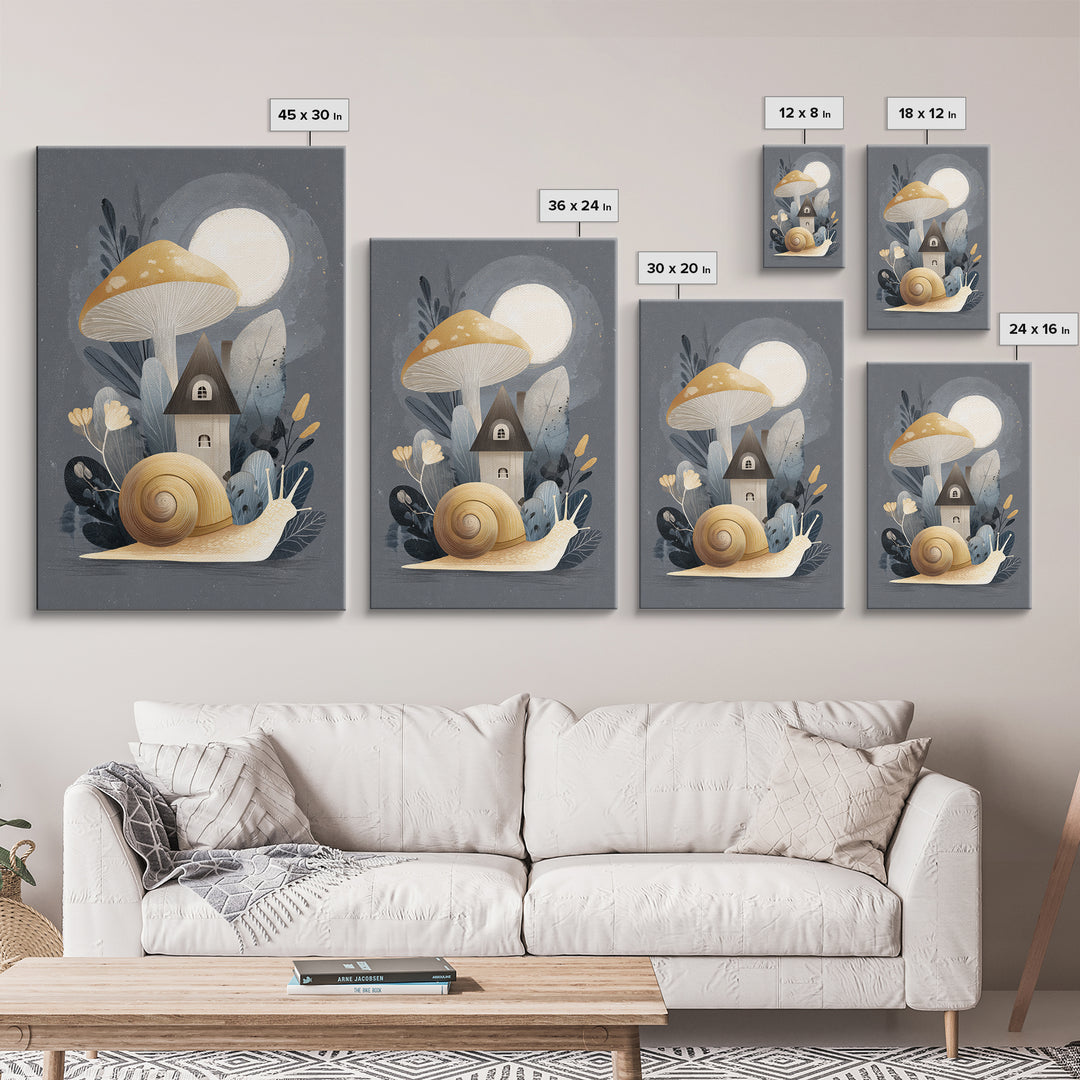 Garden Snail with Mushroom House Framed Canvas Print, Nursery Decor, Framed Wall Art, Oil Painting, Nursery, NDE-2x3-55