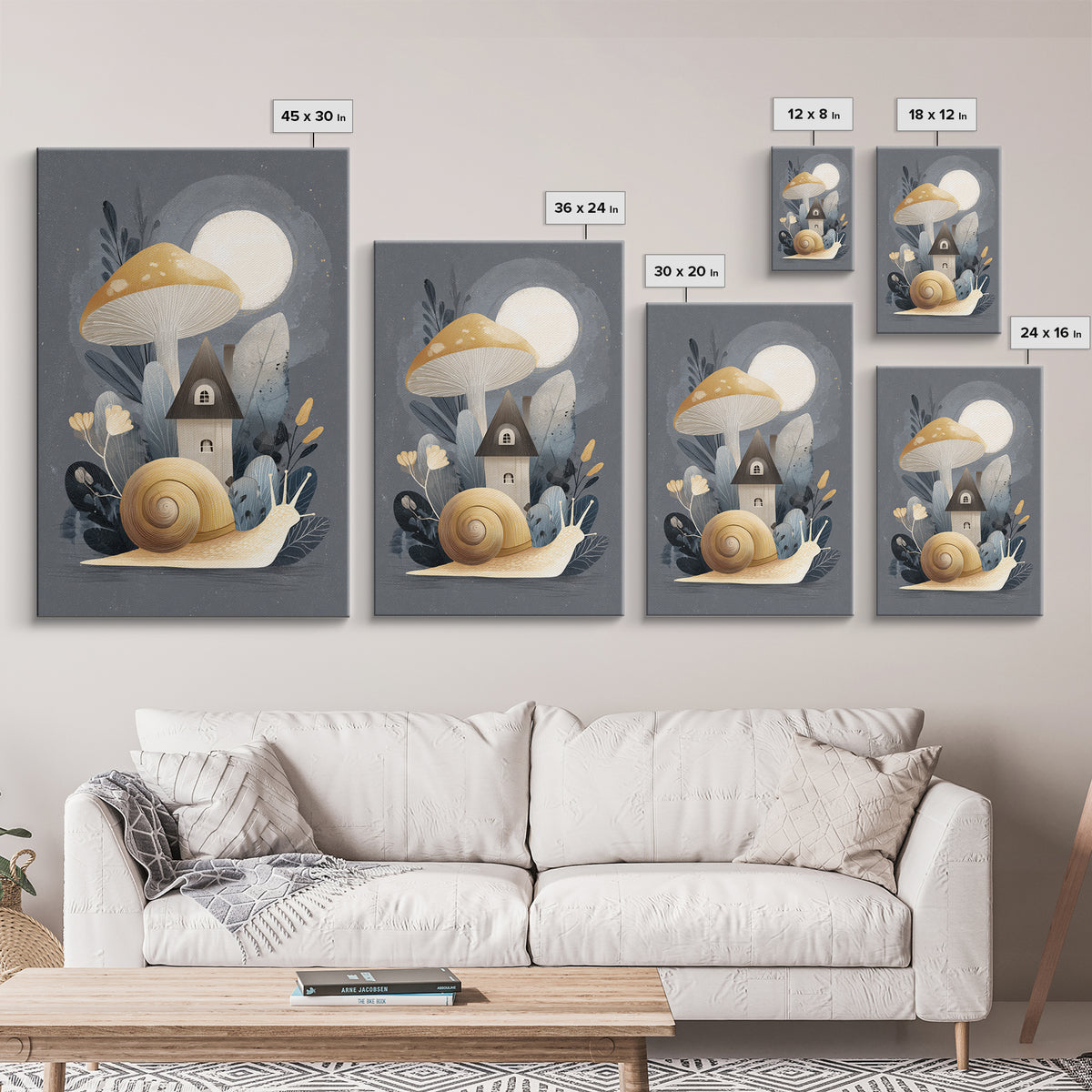 Garden Snail with Mushroom House Framed Canvas Print, Nursery Decor, Framed Wall Art, Oil Painting, Nursery, NDE-2x3-55