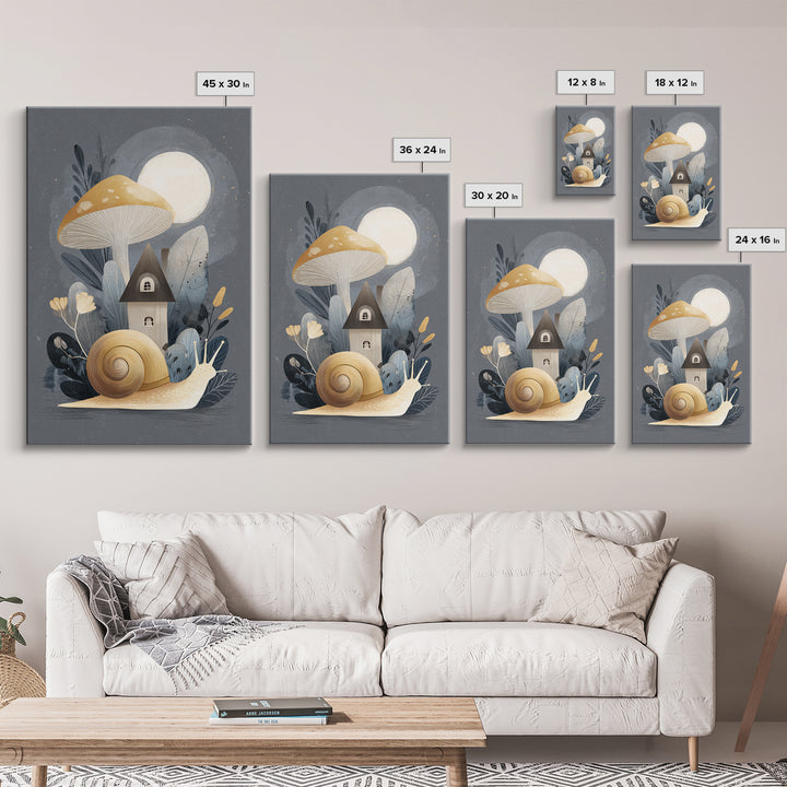 Garden Snail with Mushroom House Framed Canvas Print, Nursery Decor, Framed Wall Art, Oil Painting, Nursery, NDE-2x3-55