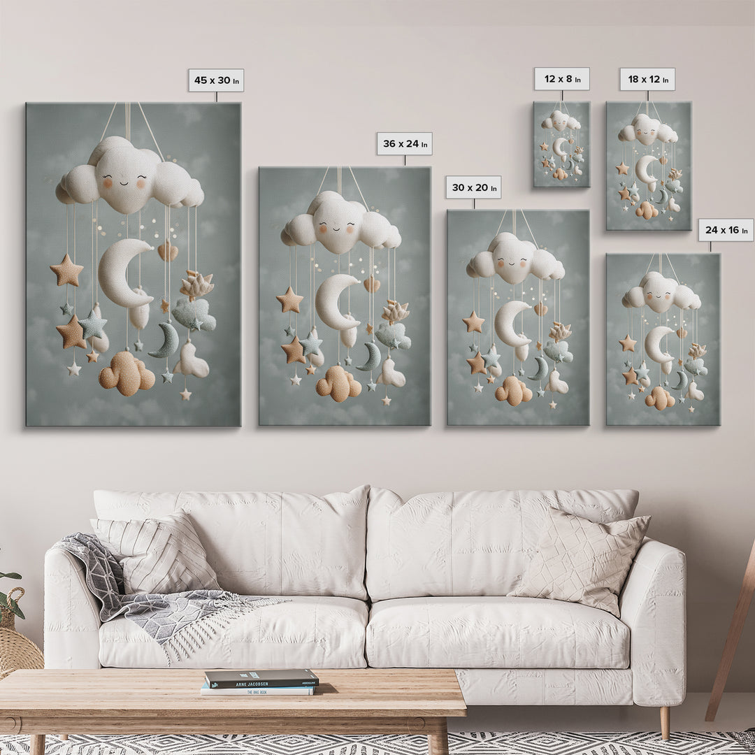 Moon Phase Mobile Framed Canvas Print, Nursery Decor, Wall, Oil Painting, Nursery, Nursery Wall Decals, Woodland Nursery, NDE-2x3-59