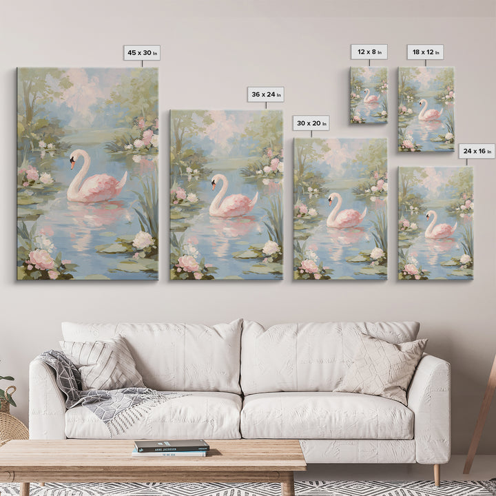 Pink Swan on Calm Pond Framed Canvas Print, Nursery Decor, Floral Wall Art, Fine Art, Nursery, Gallery Decor, Neutral Decor, NDE-2x3-69