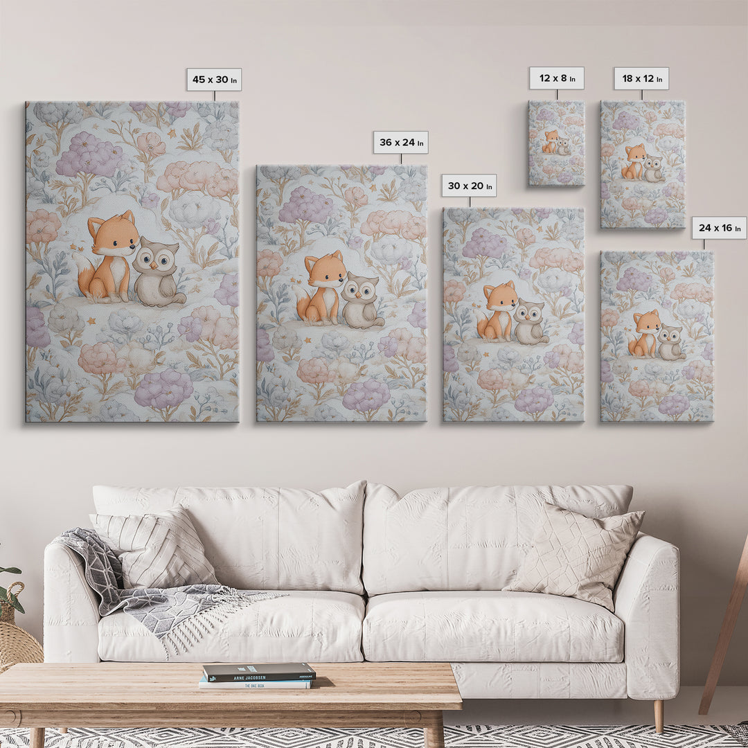 Fox and Owl Friends Canvas Print, Nursery Decor, Framed Wall Art, Oil Painting, Nursery, Safari Nursery Decor, Floral Wallpaper, NDE-2x3-70