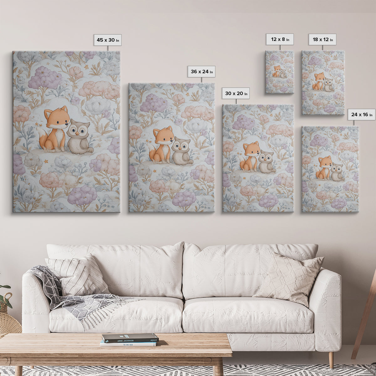 Fox and Owl Friends Canvas Print, Nursery Decor, Framed Wall Art, Oil Painting, Nursery, Safari Nursery Decor, Floral Wallpaper, NDE-2x3-70