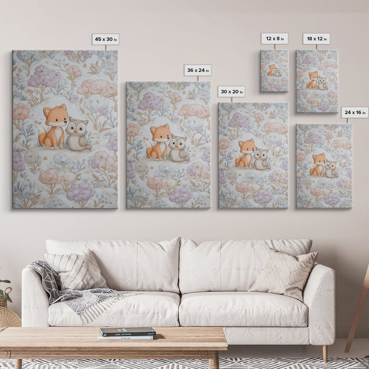 Fox and Owl Friends Canvas Print, Nursery Decor, Framed Wall Art, Oil Painting, Nursery, Safari Nursery Decor, Floral Wallpaper, NDE-2x3-70