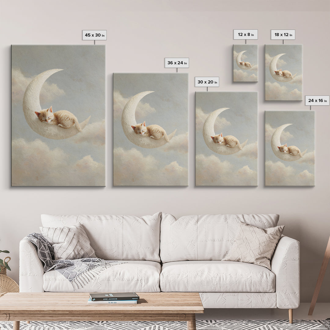 Sleeping Kitten on Crescent Moon Framed Canvas Print, Nursery Decor, Botanical Wall Art, Fine Art, Nursery, Neutral Decor, NDE-2x3-73