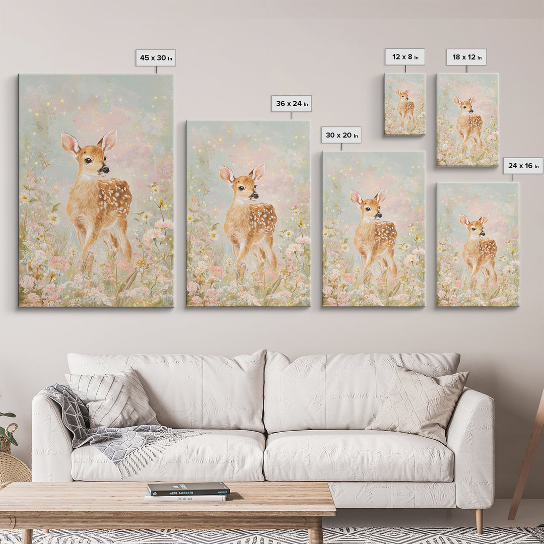 Baby Deer in Meadow with Fireflies Framed Canvas Print, Nursery Decor, Wall Decal, Nursery, Wall Light, Girl Nursery Decor, NDE-2x3-78