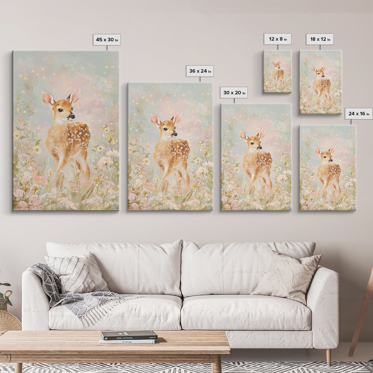 Baby Deer in Meadow with Fireflies Framed Canvas Print, Nursery Decor, Wall Decal, Nursery, Wall Light, Girl Nursery Decor, NDE-2x3-78