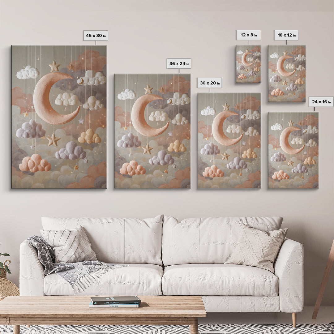Moon Phase Mobile Framed Canvas Print, Nursery Decor, Kids Wall Art, Abstract Art, Nursery, Room Decor, Textured Painting, NDE-2x3-83