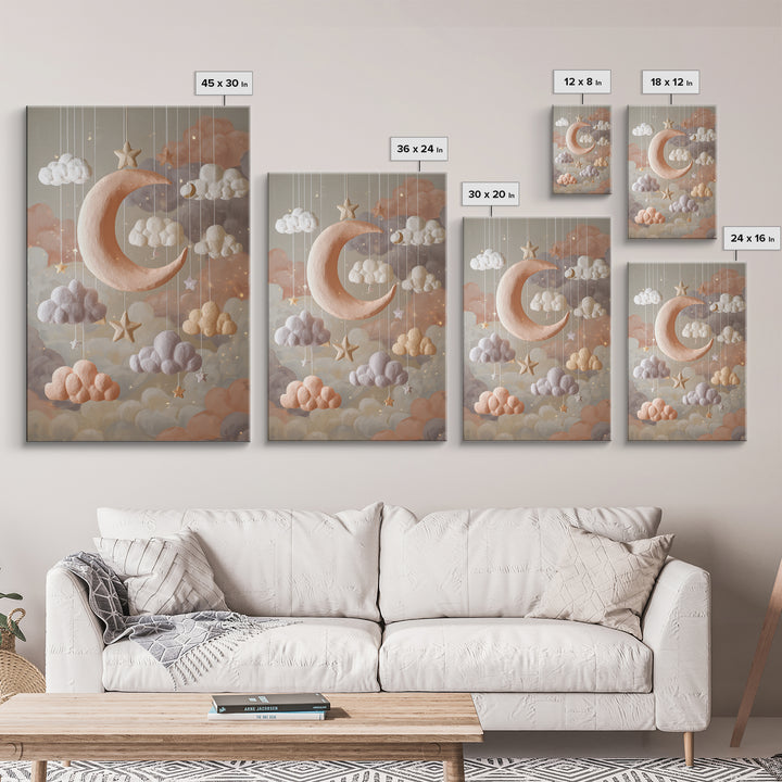 Moon Phase Mobile Framed Canvas Print, Nursery Decor, Kids Wall Art, Abstract Art, Nursery, Room Decor, Textured Painting, NDE-2x3-83