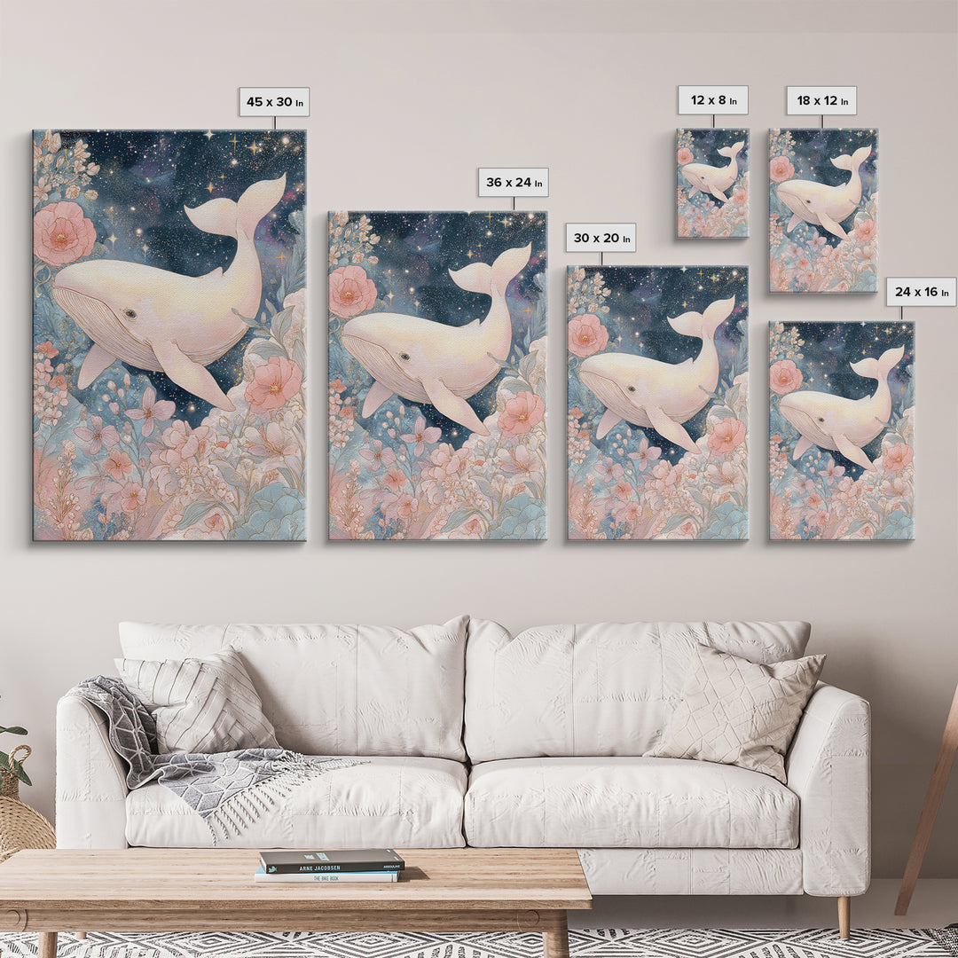 Baby Whale Swimming Through Stars Framed Canvas Print, Nursery Decor, Nursery Prints, Fine Art, Nursery, Nursery Wall Decal, NDE-2x3-88