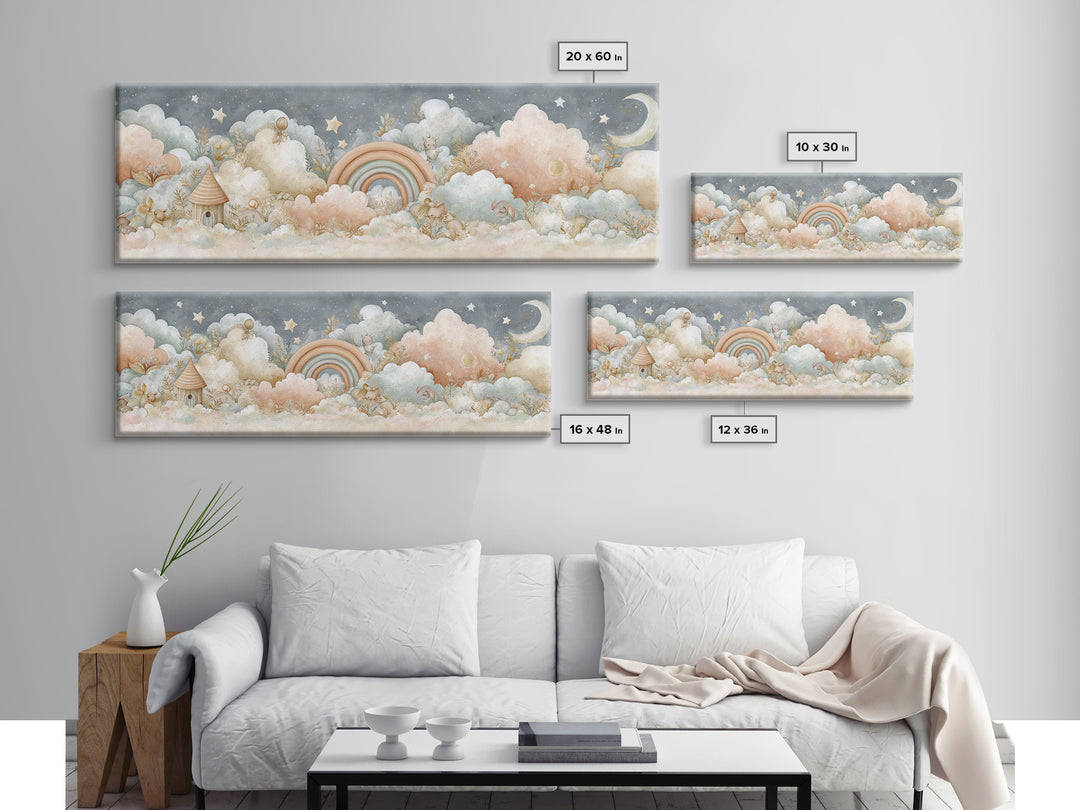 Cloud Rainbow and Raindrop Composition Framed Canvas Print, Nursery Decor, Nursery Name Sign, Fine Art, Nursery, Luxury Decor, NDE-3x1-12