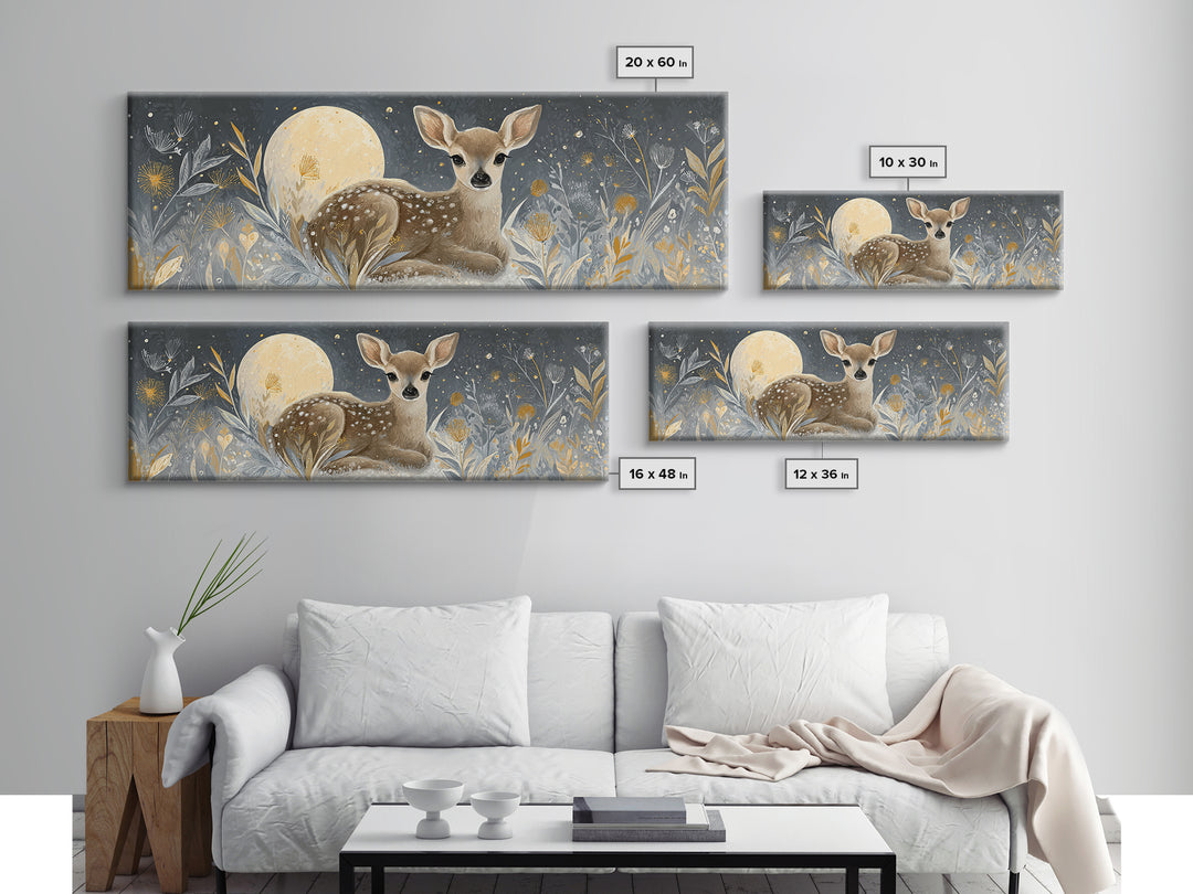 Baby Deer in Meadow with Fireflies Canvas Print, Nursery Decor, Modern Decor, Fine Art, Nursery, Wall Decor, Art Print, NDE-3x1-14