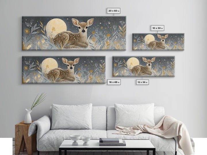 Baby Deer in Meadow with Fireflies Canvas Print, Nursery Decor, Modern Decor, Fine Art, Nursery, Wall Decor, Art Print, NDE-3x1-14