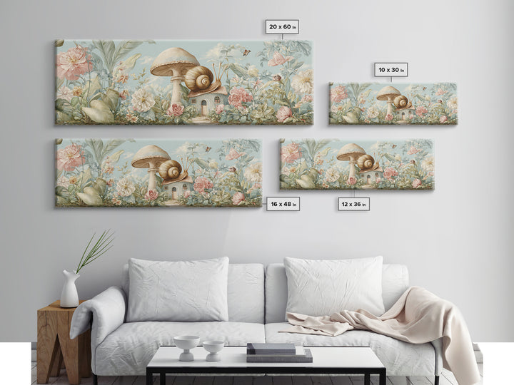 Garden Snail with Mushroom House Framed Canvas Print, Nursery Decor, Gallery Decor, Fine Art, Nursery, Wall Art, Home Decor, NDE-3x1-15