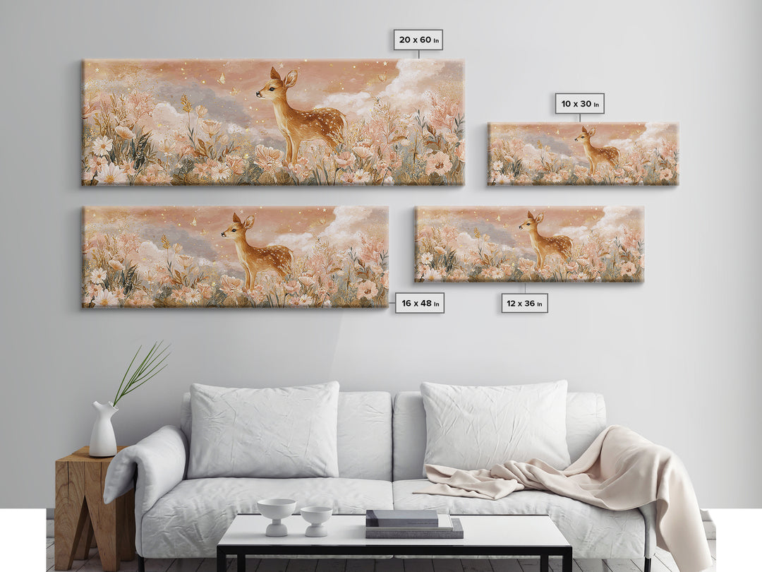 Baby Deer in Meadow with Fireflies Canvas Print, Nursery Decor, Nursery Wall Decor, Oil Painting, Nursery, Nursery Name Sign, NDE-3x1-38
