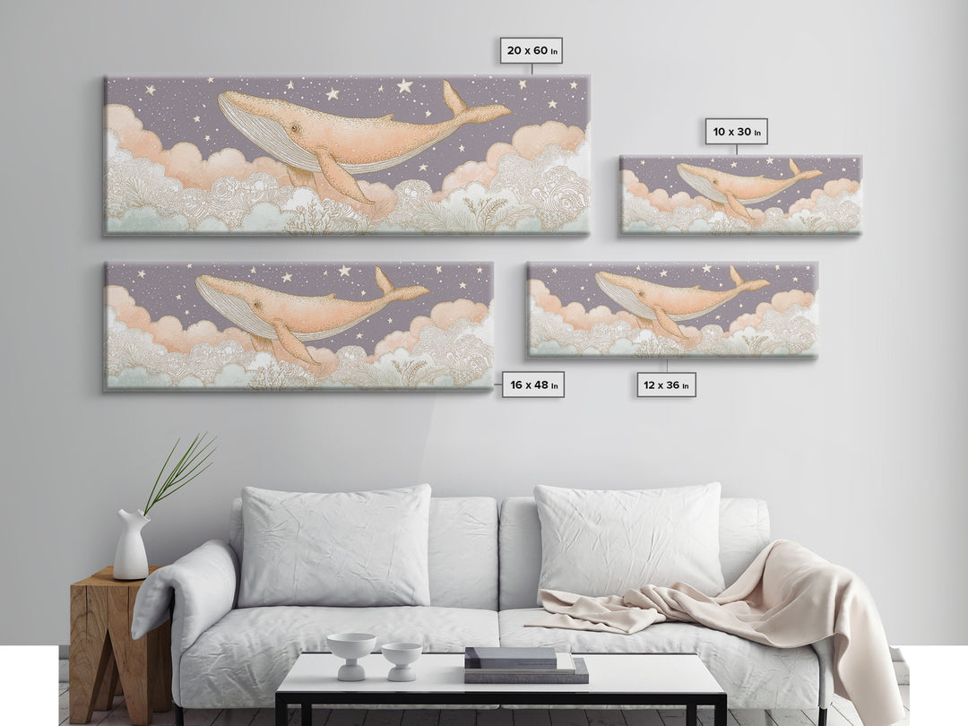 Baby Whale Swimming Through Stars Canvas Print, Nursery Decor, Textured Painting, Fine Art, Nursery, Bedroom Decor, Wall Decal, NDE-3x1-48
