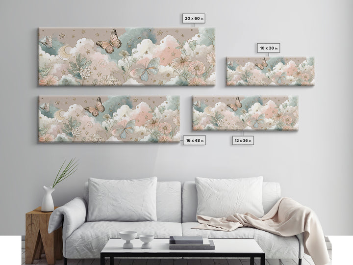 Pastel Butterfly and Wildflower Pattern Framed Canvas Print, Nursery Decor, Minimalist Decor, Oil Painting, Nursery, NDE-3x1-56