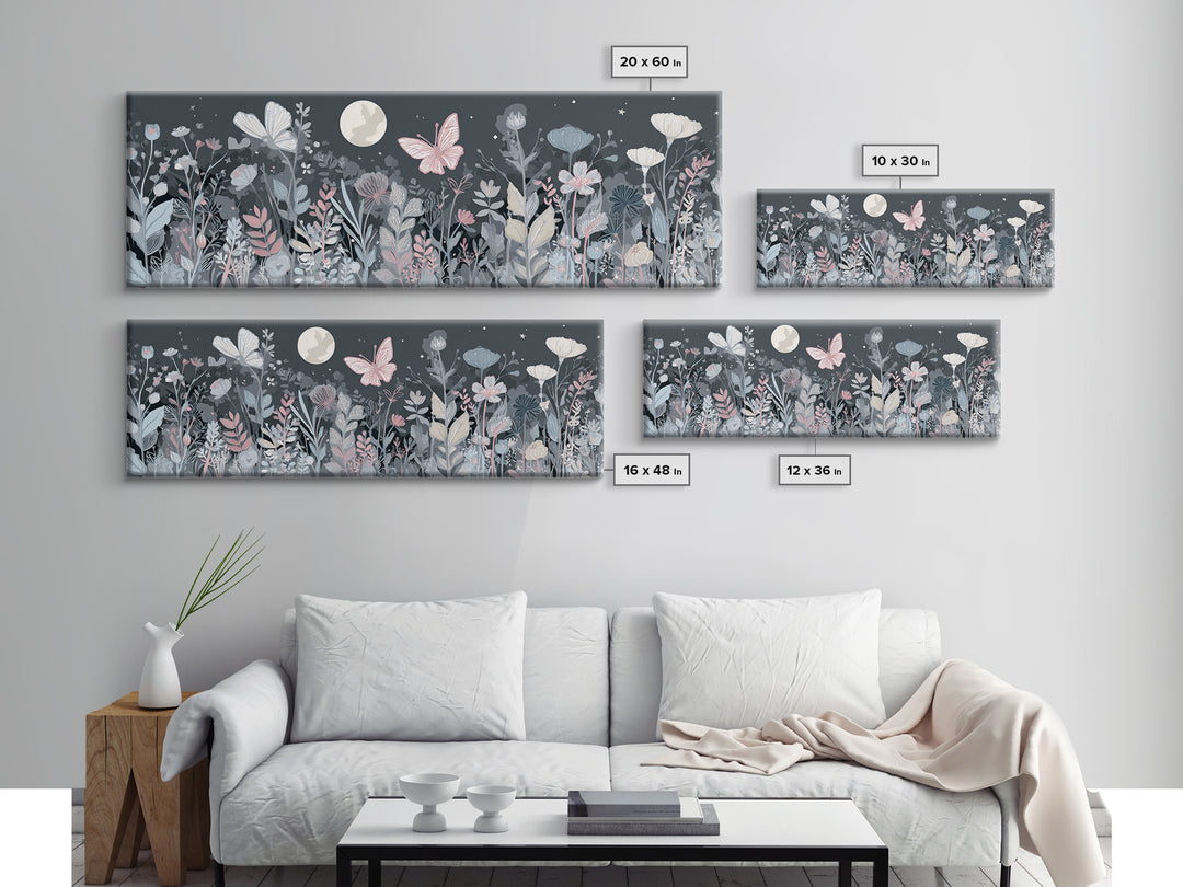 Pastel Butterfly and Wildflower Pattern Canvas Print, Nursery Decor, Watercolor Art, Nursery, Nursery Prints, NDE-3x1-80