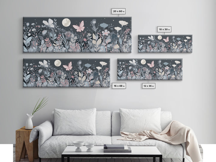 Pastel Butterfly and Wildflower Pattern Canvas Print, Nursery Decor, Watercolor Art, Nursery, Nursery Prints, NDE-3x1-80