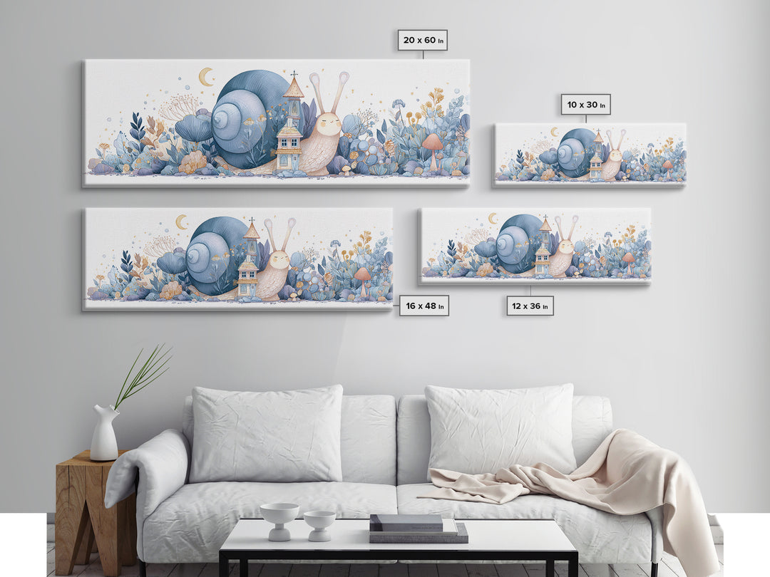 Garden Snail with Mushroom House Framed Canvas Print, Nursery Decor, Nursery, Fine Art, Nursery, Baby Girl Nursery Decor, NDE-3x1-87