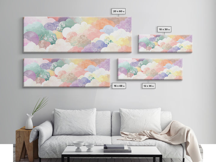 Pastel Rainbow with Soft Cloud Shapes Framed Canvas Print, Nursery Decor, Boho Decor, Fine Art, Nursery, Nursery Wall Art, NDE-3x1-89