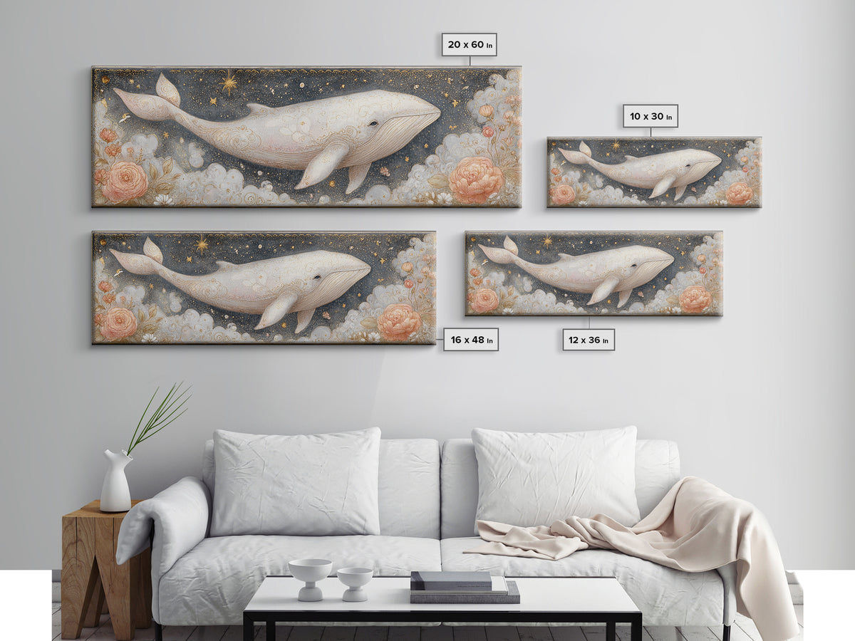 Baby Whale Swimming Through Stars Canvas Print, Nursery Decor, Textured Painting, Fine Art, Nursery, Bedroom Decor, Wall Decal, NDE-3x1-96
