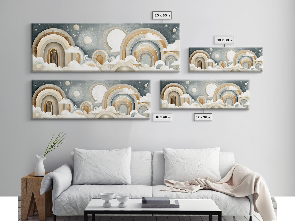 Neutral Boho Sun and Arch Shapes Framed Canvas Print, Nursery Decor, Framed Wall Art, Fine Art, Nursery, Safari Nursery Decor, NDE-3x1-99