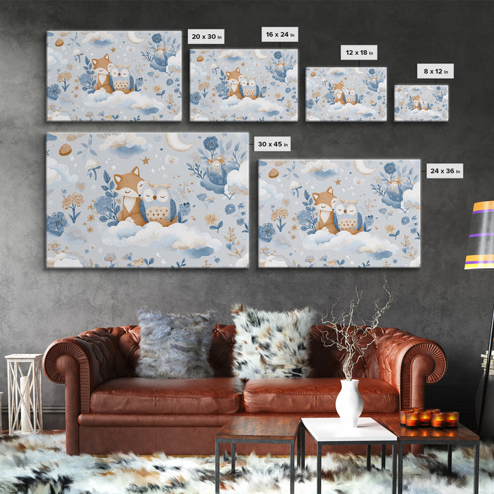 Fox and Owl Friends Framed Canvas Print, Nursery Decor, Nursery Art, Fine Art, Nursery, Kids Wall Art, Nursery Wall Decals, NDE-3x2-18