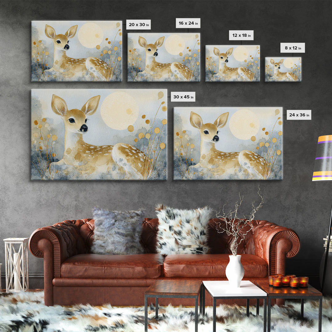 Baby Deer in Meadow with Fireflies Framed Canvas Print, Nursery Decor, Wall Decal, Nursery, Wall Light, Girl Nursery Decor, NDE-3x2-2