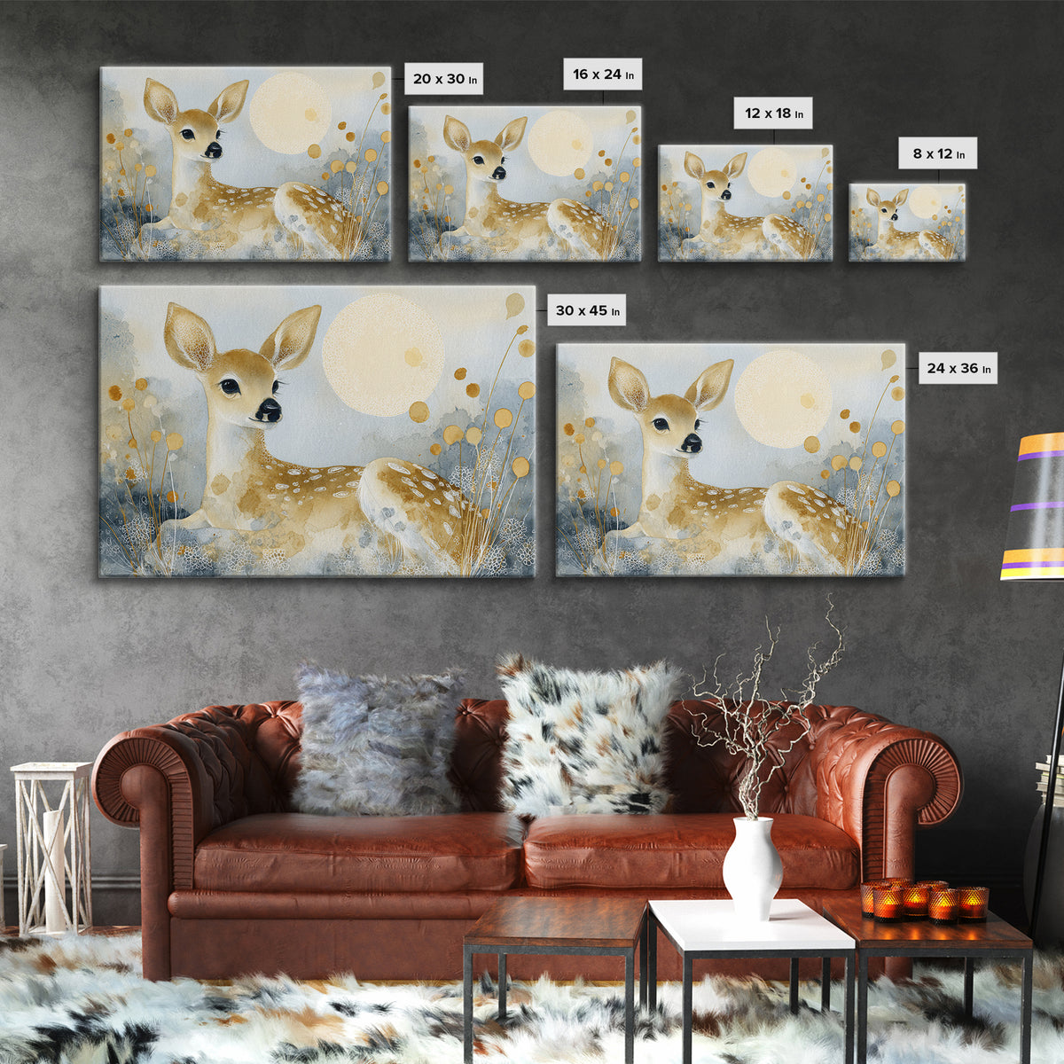 Baby Deer in Meadow with Fireflies Framed Canvas Print, Nursery Decor, Wall Decal, Nursery, Wall Light, Girl Nursery Decor, NDE-3x2-2