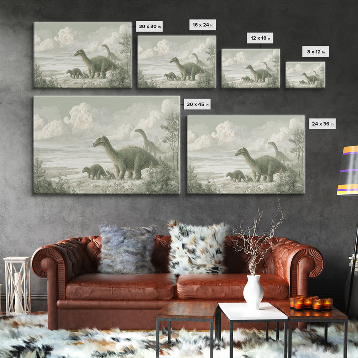 Gentle Dinosaur Family Framed Canvas Print, Nursery Decor, Room Decor, Fine Art, Nursery, Framed Wall Art, Bedroom Decor, NDE-3x2-35