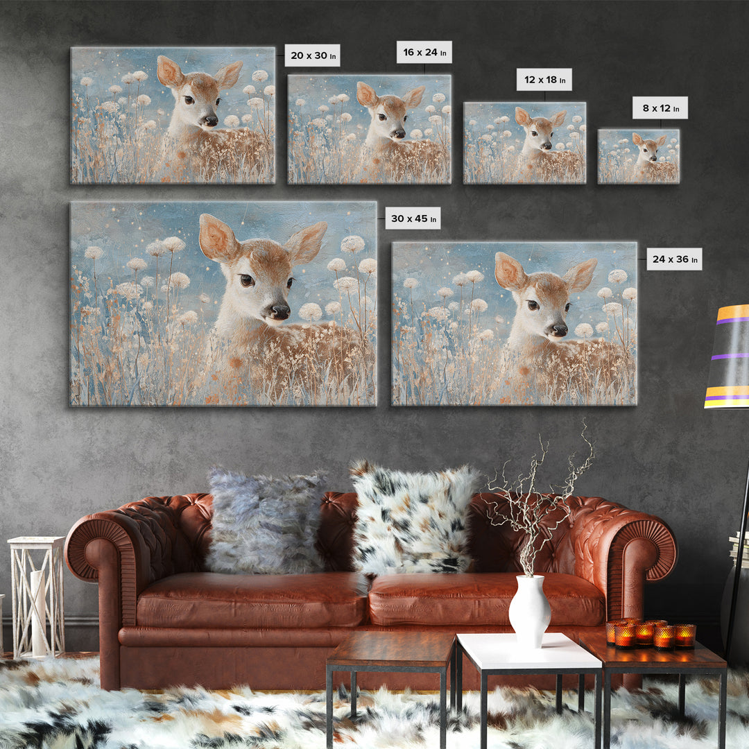 Baby Deer in Meadow with Fireflies Framed Canvas Print, Nursery Decor, Floral Wallpaper, Fine Art, Nursery, Fine Art Print, NDE-3x2-50