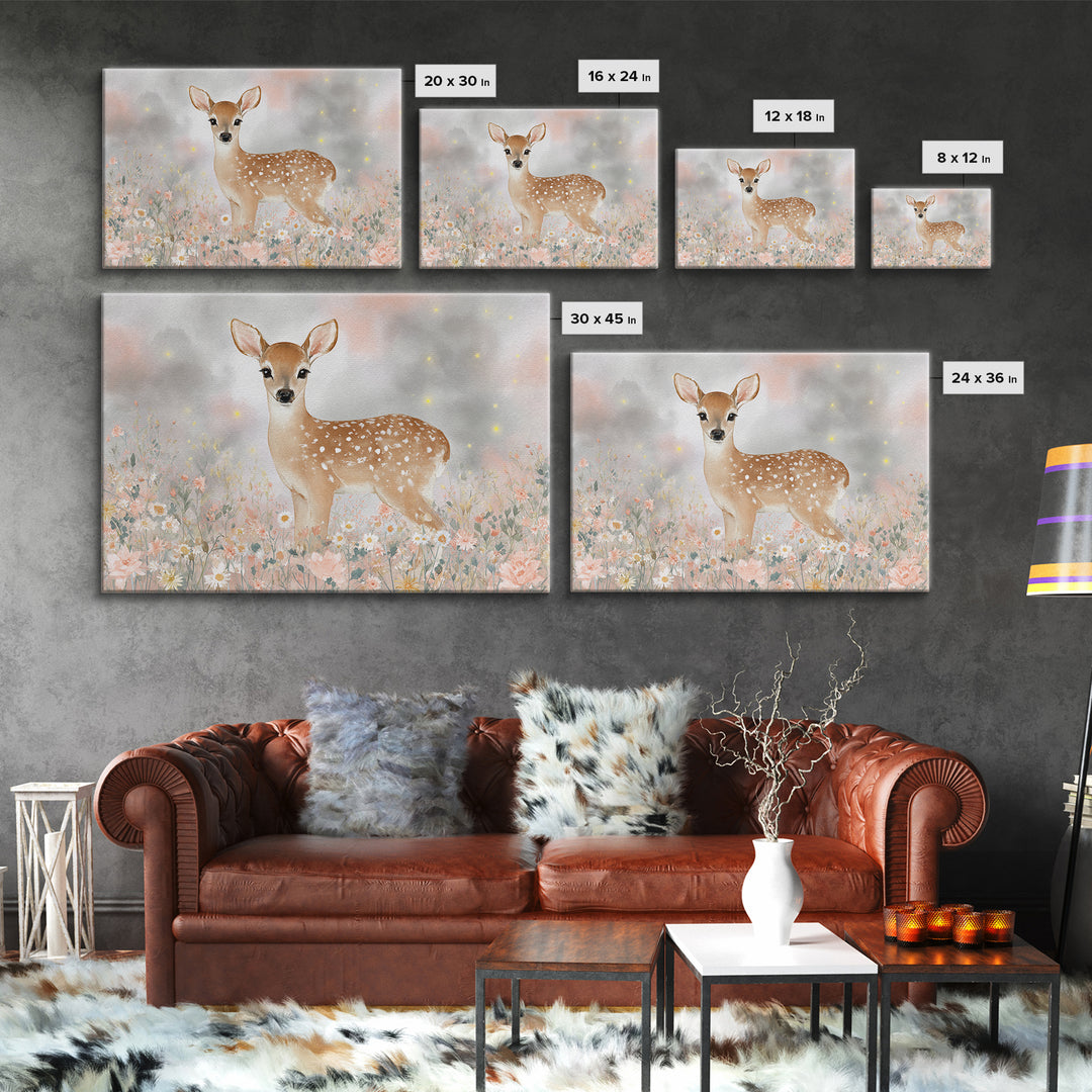 Baby Deer in Meadow with Fireflies Framed Canvas Print, Nursery Decor, Floral Wallpaper, Fine Art, Nursery, Fine Art Print, NDE-3x2-74