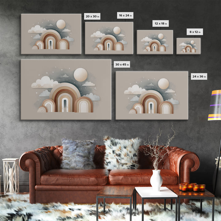 Neutral Boho Sun and Arch Shapes Framed Canvas Print, Nursery Decor, Wall Decor, Fine Art, Nursery, Woodland Nursery Decor, NDE-3x2-87